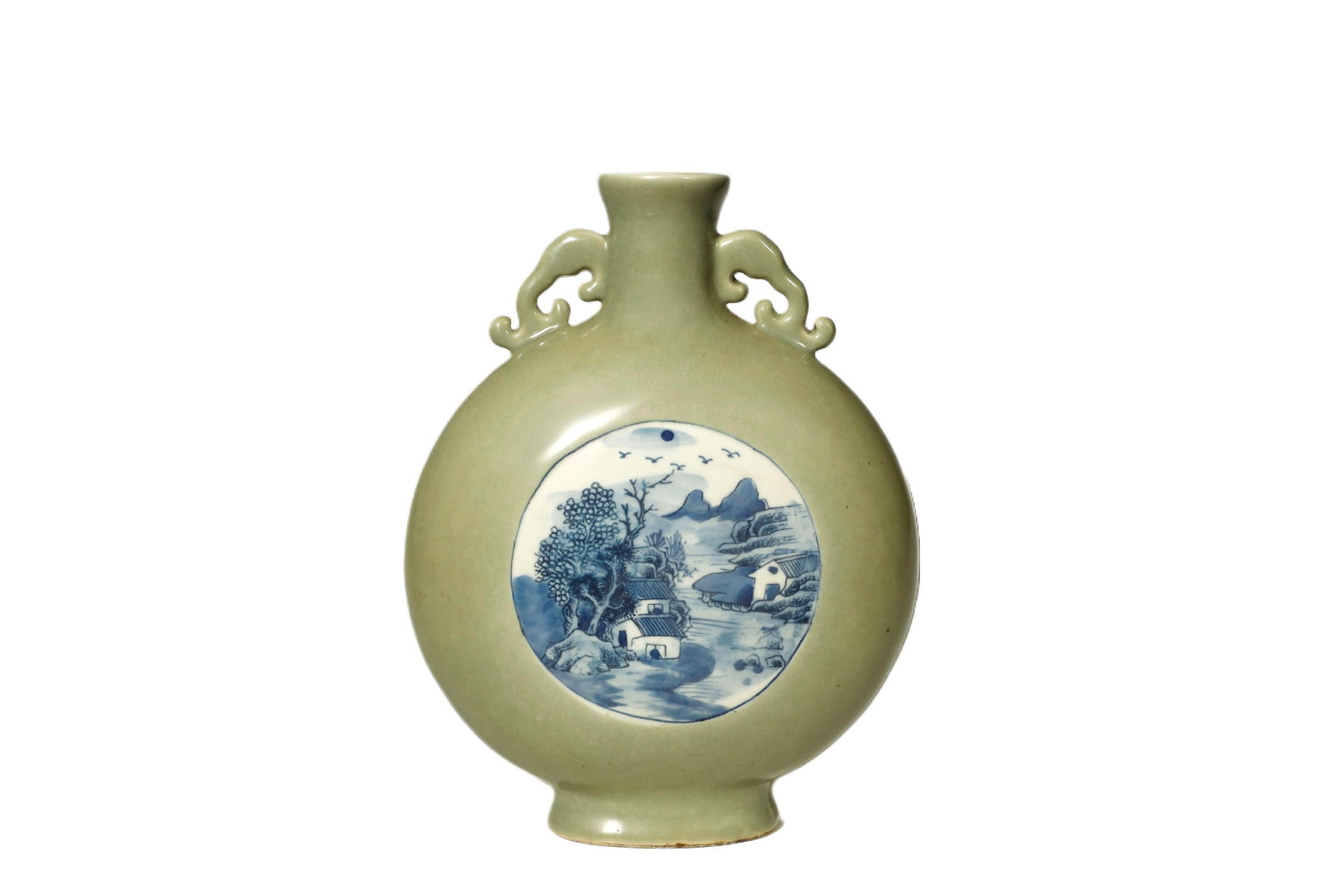 Qing Dynasty Celadon-Glazed Moon Flask w/ UNDERGLAZE-BLUE LANDSCAPE RESERVE (1 of 7)