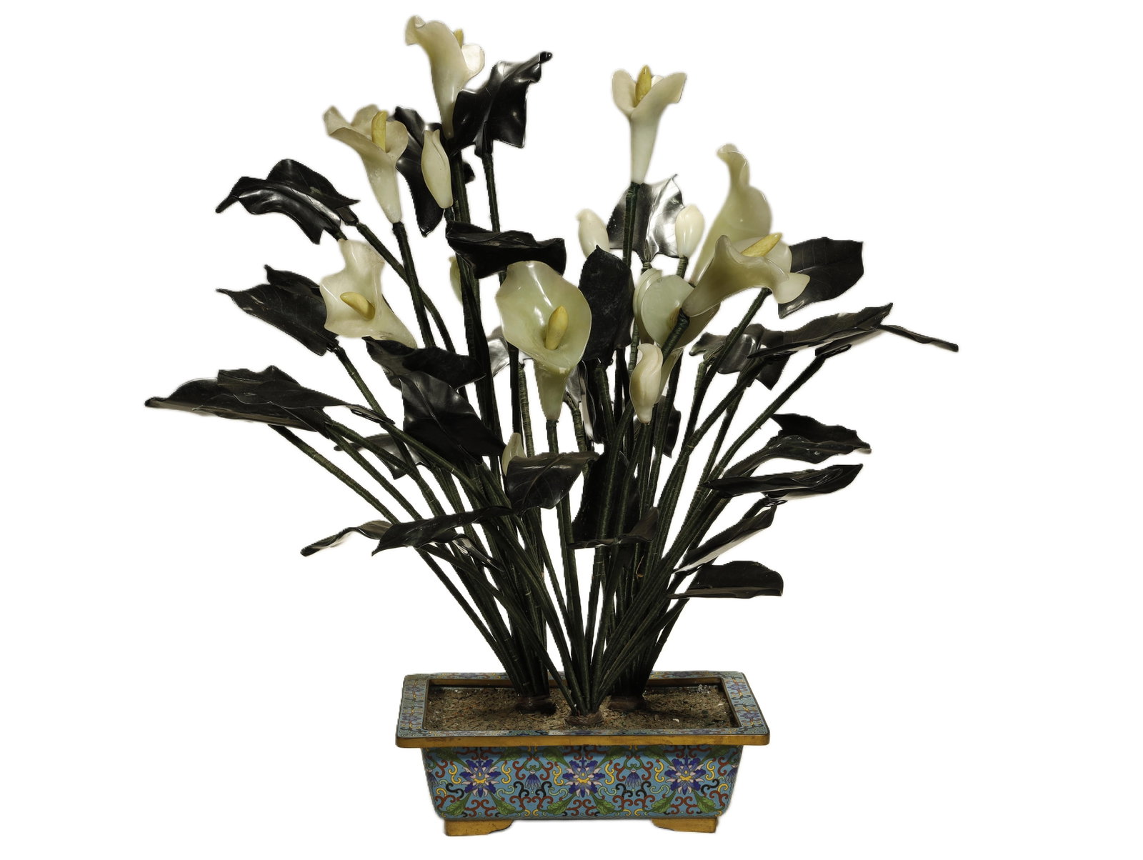 Qing Dynasty Cloisonné-Base Jade and Hardstone: A Cloisonné-Base Jade and Hardstone Calla Lily PenjingChina, Qing DynastyHeight: 24.8 in. (63 cm)Description: A naturalistic potted arrangement (penjing) of calla lilies, each flower carved from pale