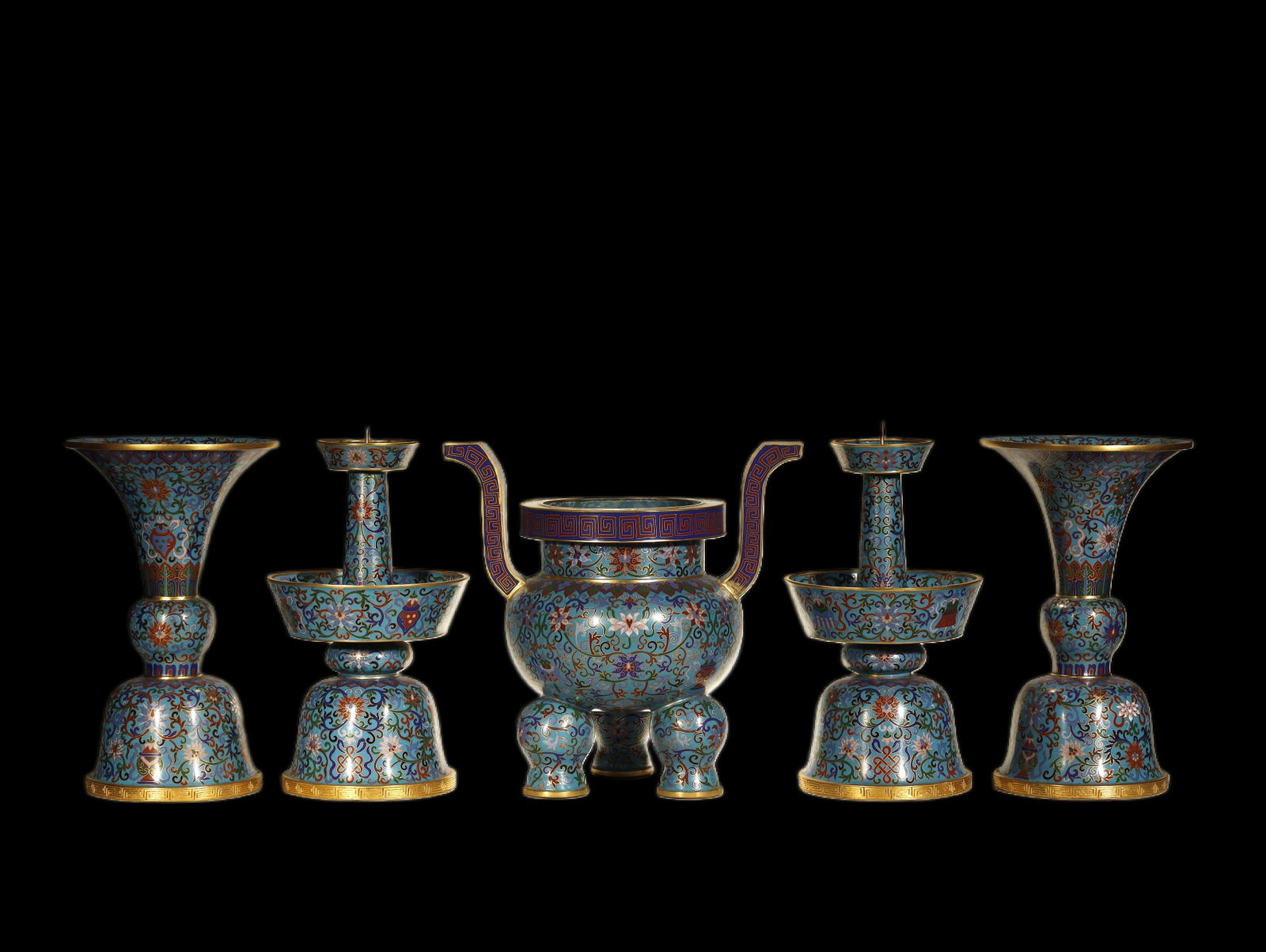 Qing Dynasty Cloisonné Enamel Five-Piece Altar: A Cloisonné Enamel Five-Piece Altar GarnitureChina, Qing DynastyHeight: 12.2 in. (31 cm) [censer]; candlesticks 7.6 in. (19.3 cm) and 7.1 in. (18 cm); vases 12.6 in. (32 cm) and 8.7 in. (22 cm)Descri