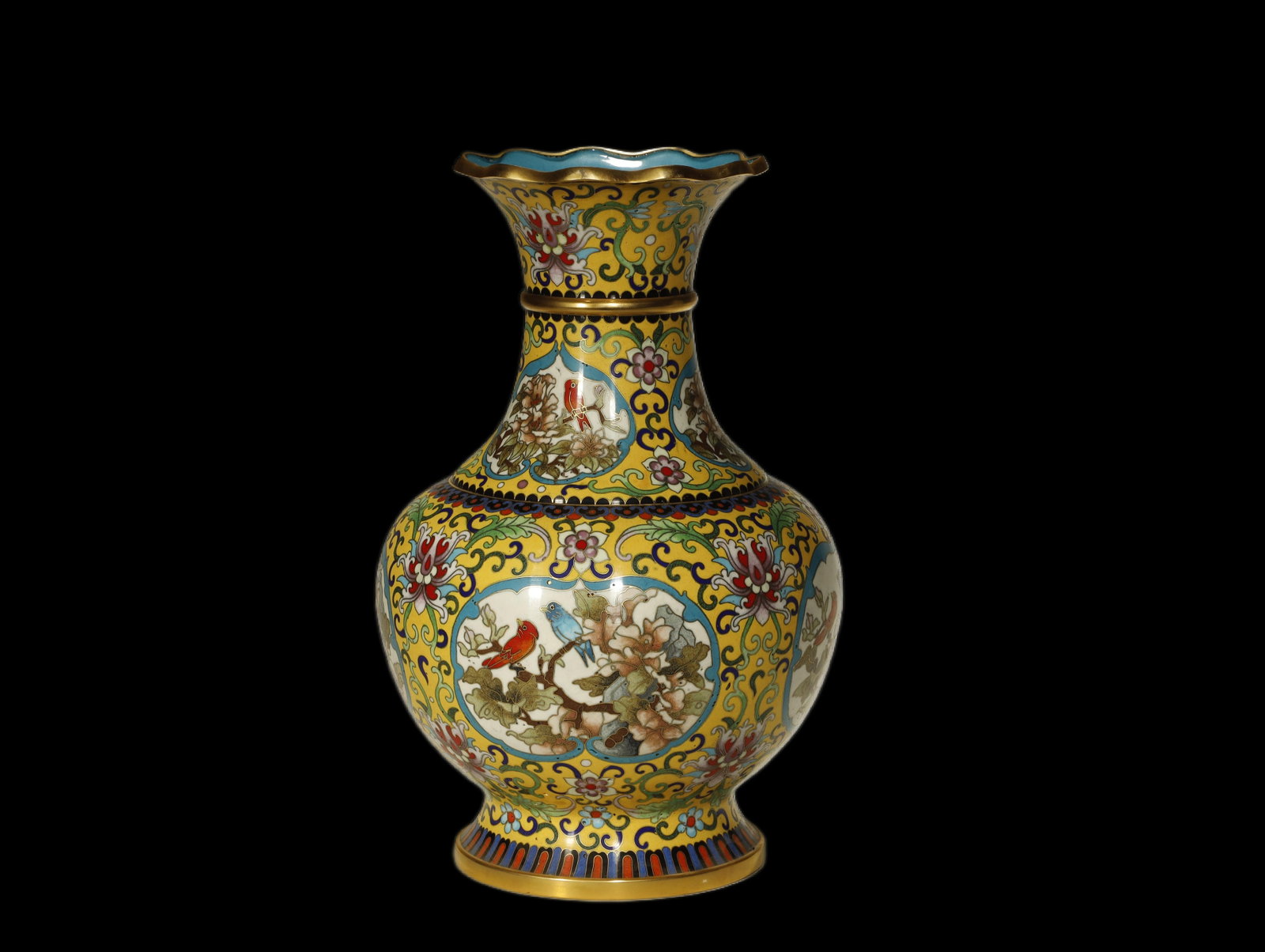 Qing Dynasty Cloisonné Enamel Yellow-Ground: A Cloisonné Enamel Yellow-Ground Bird-and-Flower VaseChina, late Qing Dynasty/Republic PeriodHeight: 12.2 in. (31 cm); diameter 7.9 in. (20 cm)Description: A cloisonné enamel vase of baluster form w