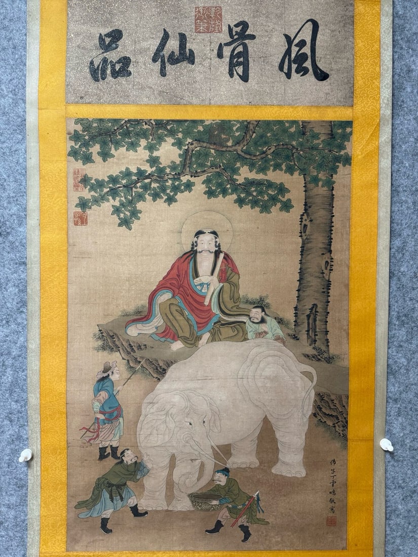 Ding Yunpeng, "Luohan Washing an Elephant": Ding Yunpeng, "Luohan Washing an Elephant" PaintingMing DynastyLength: 77cm Width: 50cmDescription: A hanging scroll painting depicting a seated, halo-crowned luohan in monastic robes beneath a spread
