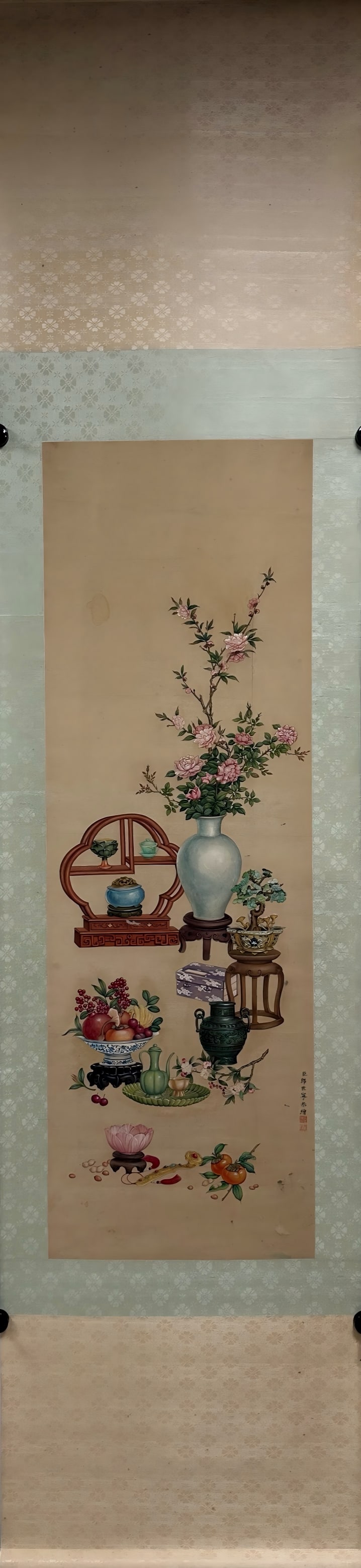 Giuseppe Castiglione (Lang Shining): Giuseppe Castiglione (Lang Shining), "Antiquities" PaintingQing DynastyLength: 110cm Width: 37cmDescription: A hanging scroll painting depicting an arrangement of antique curios and blossoming branche