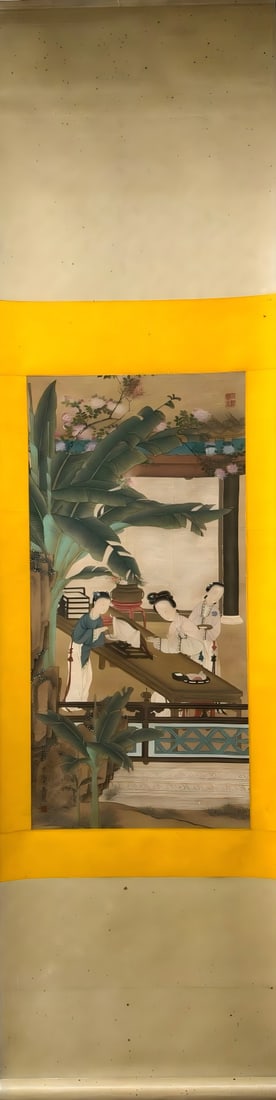 Qiu Ying, "Court Ladies" Painting: Qiu Ying, "Court Ladies" PaintingMing DynastyLength: 96cm Width: 44cmDescription: A hanging scroll painting depicting two elegantly dressed women beneath a broad banana palm and flowering branches, on