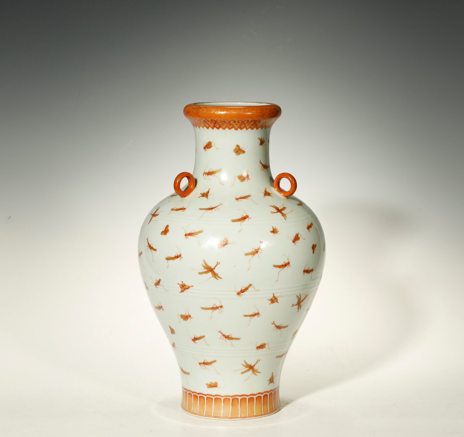 Qing Dynasty - An Iron-Red 'Hundred Insects' Vase: An Iron-Red 'Hundred Insects' VaseChina, Qing DynastyHeight: 15.7 in. (40 cm); diameter 4.9 in. (12.5 cm)Description: A porcelain vase of ovoid form with a short waisted neck flanked by a pair of loop