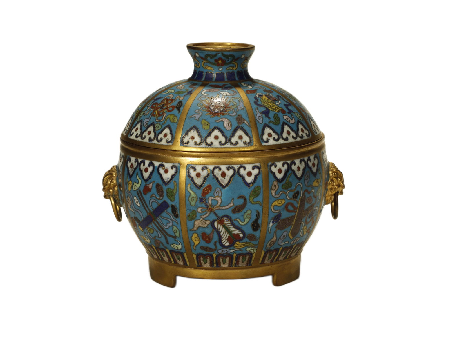 Qing Dynasty Cloisonné Enamel Covered Censer: A Cloisonné Enamel Covered Censer with Lion-Mask Ring HandlesChina, late Qing Dynasty/Republic PeriodHeight: 9.4 in. (24 cm); diameter 4.9 in. (12.5 cm)Description: A cloisonné enamel covered censer