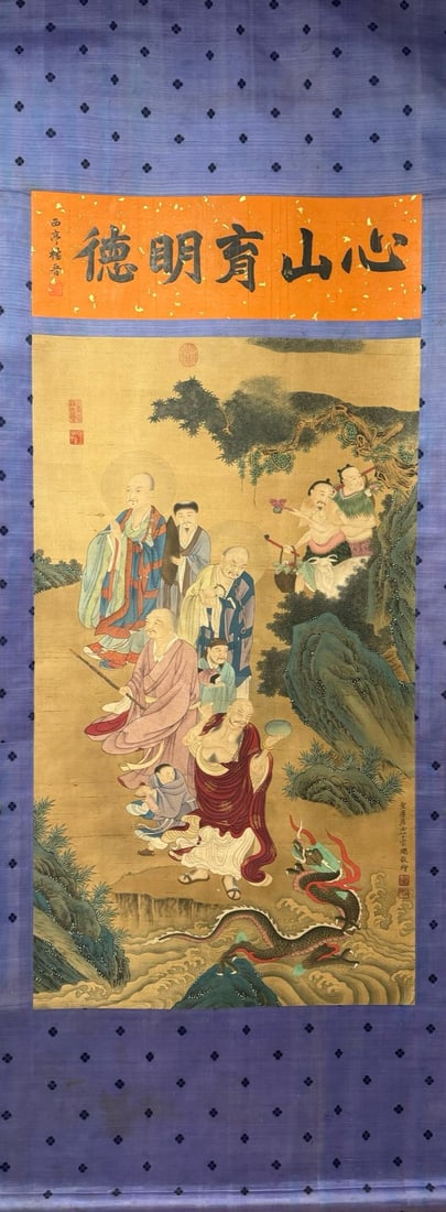 Ding Guanpeng, "Luohan" Painting: Ding Guanpeng, "Luohan" PaintingQing DynastyLength: 128cm Width: 68cmDescription: A hanging scroll painting depicting a procession of luohan and attendant figures descending a rocky shore toward a coi
