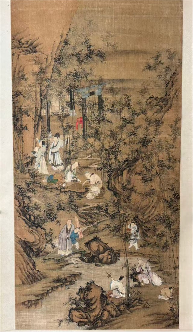 Yuan Dynasty, "Elegant Gathering" Painting: Yuan Dynasty, "Elegant Gathering" PaintingYuan Dynasty StyleLength: 136cm Width: 68cmDescription: A hanging scroll painting depicting a dense bamboo grove within which several robed scholars gather ar