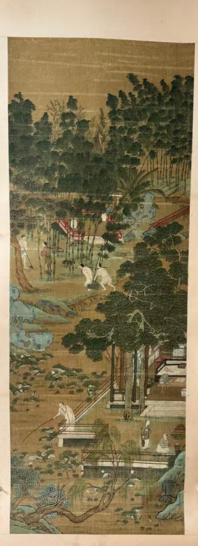 Yuan Dynasty, "Figures Farming" Painting: Yuan Dynasty, "Figures Farming" PaintingYuan Dynasty StyleLength: 136cm Width: 68cmDescription: A hanging scroll painting depicting a garden estate framed by a dense bamboo grove and pine trees, figur