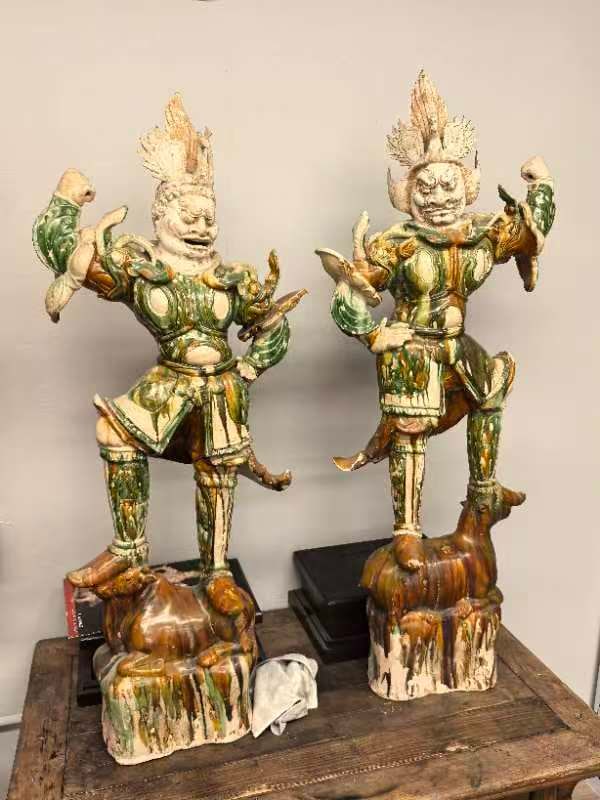 Tang Dynasty Sancai Glazed Pottery Lokapala (Oxford - TL tested) PAIR: Tang Dynasty, 618-907 AD....Height: 110 cm each, approx. (taller of the pair 113 cm / 44½ in per certificate)....Description: A well-matched pair of sancai-glazed pottery guardian figures (Loka