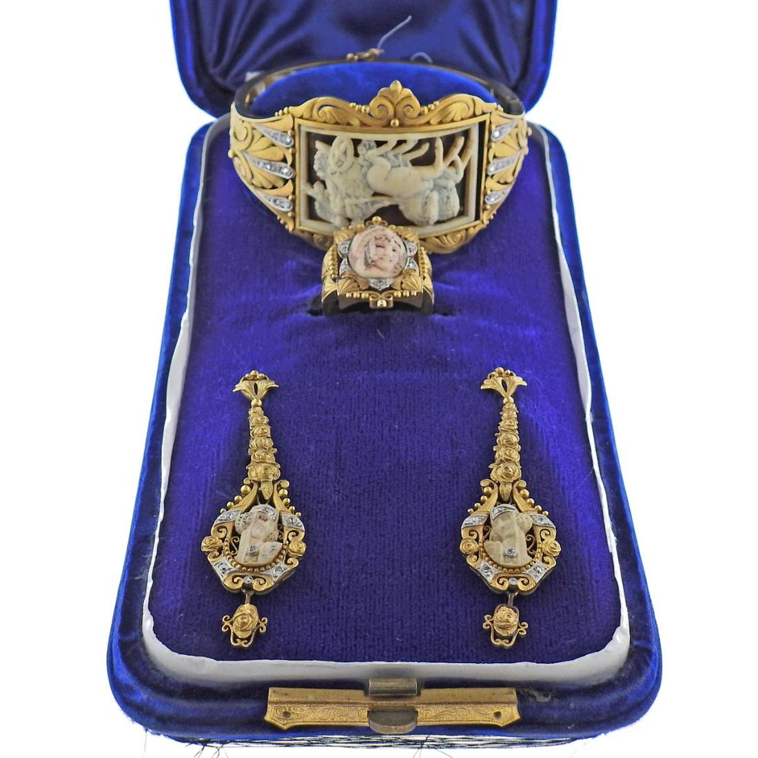 Antique 18k Gold Diamond Cameo Earrings Bracelet Ring (1 of 12)