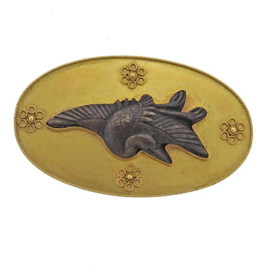 Castellani Gold Bronze Shakudo Pelican Flight Oval Broo (1 of 4)