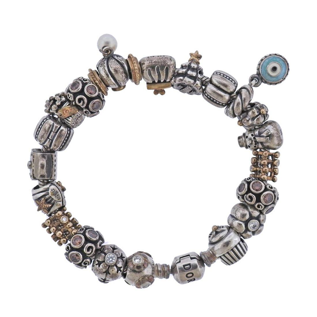 Pandora Silver 14k Gold Diamond Multi Charm Bracelet (1 of 3)