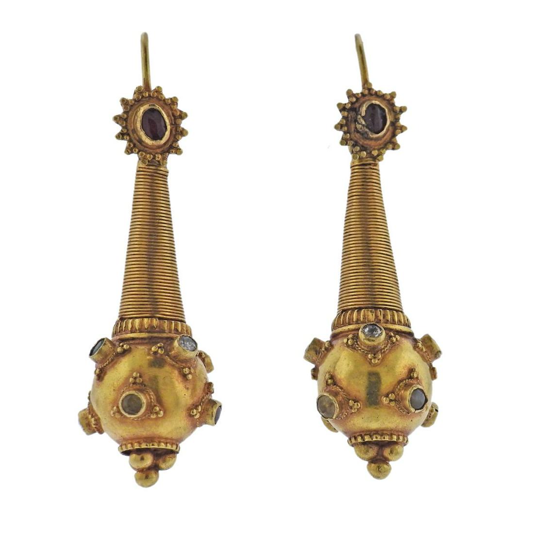 Antique Etruscan 18k Gold Diamond Gemstone Earrings (1 of 4)