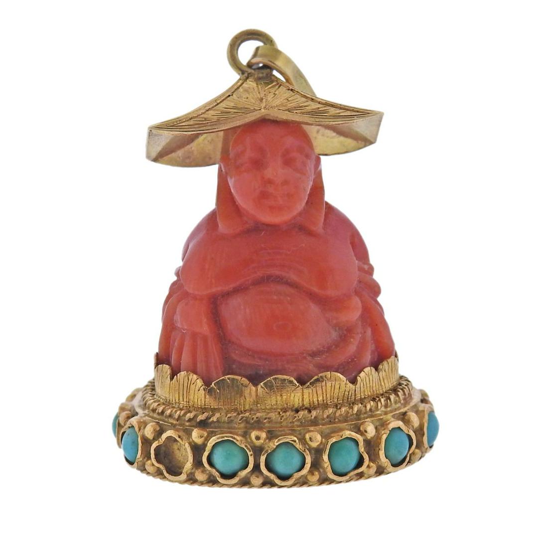 18k Gold Carved Coral Buddha Turquoise Pendant (1 of 4)