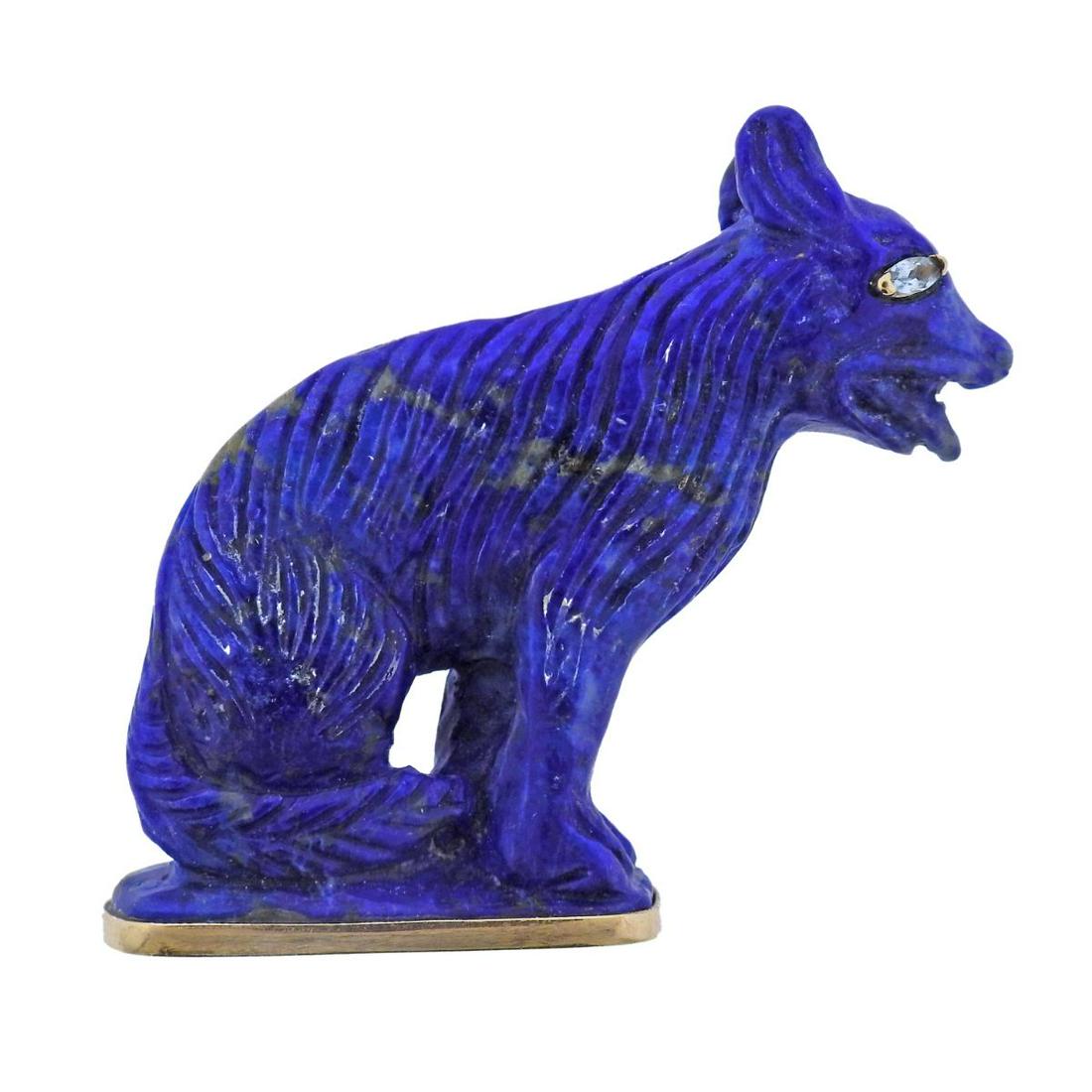 14k Gold Carved Lapis Wolf Brooch Pin: Vintage 14k gold wolf brooch, with carved lapis and light blue eye gemstone. Brooch measures 2" x 2 1/8". Tested 14k. Weight - 30 grams.