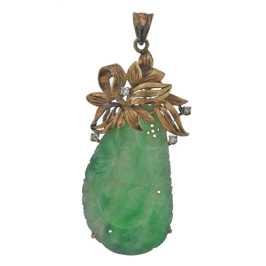 14k Gold Carved Jade Diamond Pendant (1 of 4)