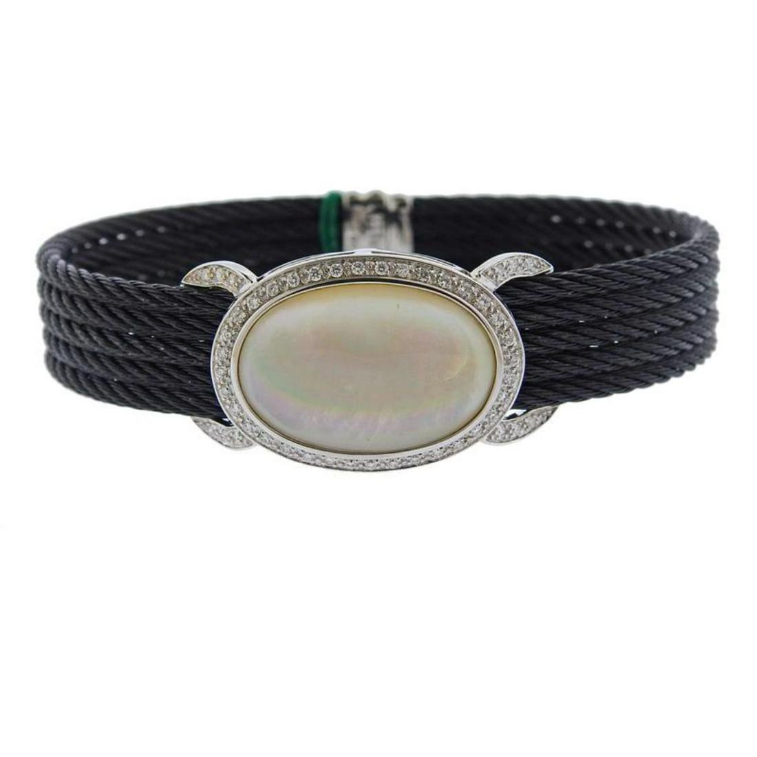 Charriol Diamond 18k Gold MOP Celtic Noir Steel: Brand new Charriol Celtic Noir cable bracelet in 18K white gold and 5 rows of black steel embellished with 0.44ctw of diamonds and MOP. Retail Price $3,350. Bracelet will fit approx. 7" wrist and is 2