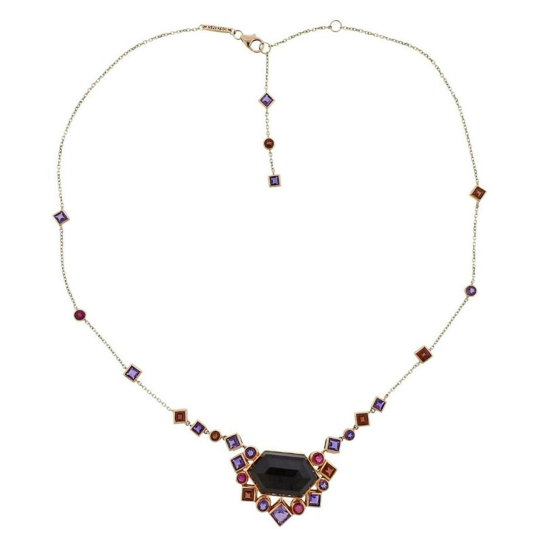 Stephen Webster Gold Garnet Amethyst Ruby Necklace: Stephen Webster Gold Struck Garnet Amethyst Brand new 18k gold Gold Struck pendant necklace by Stephen Webster, featuring amethyst, garnet and rubies. Retail $10500. Necklace is 17" long, pendant - 38