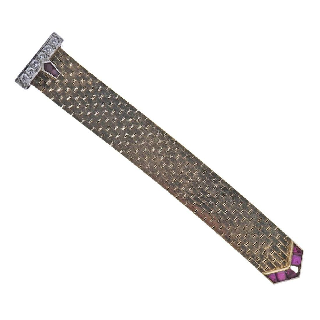 Retro 14k Gold Diamond Ruby Buckle Ring (1 of 3)