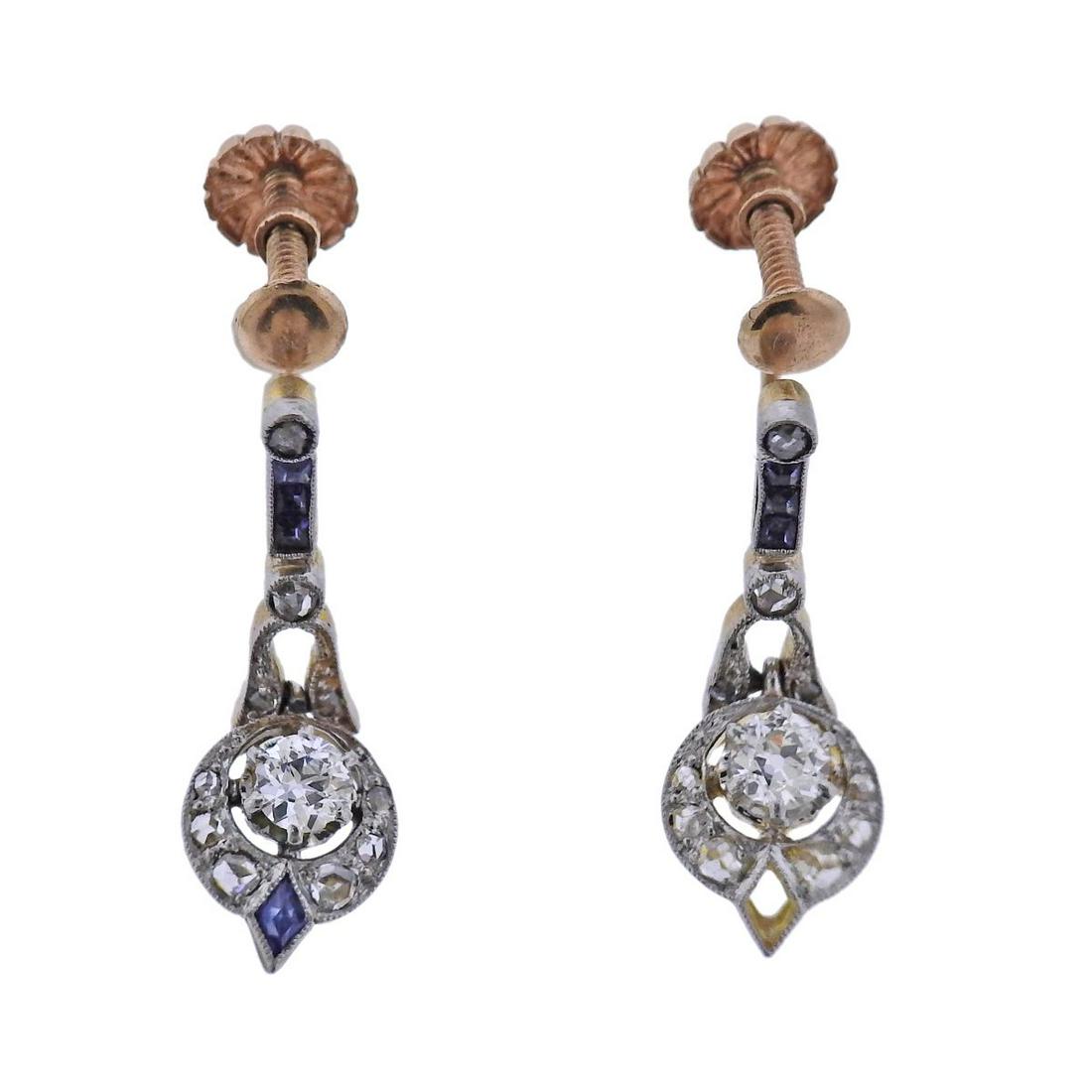 Antique Art Deco 14k Gold Diamond Sapphire Earrings (1 of 3)