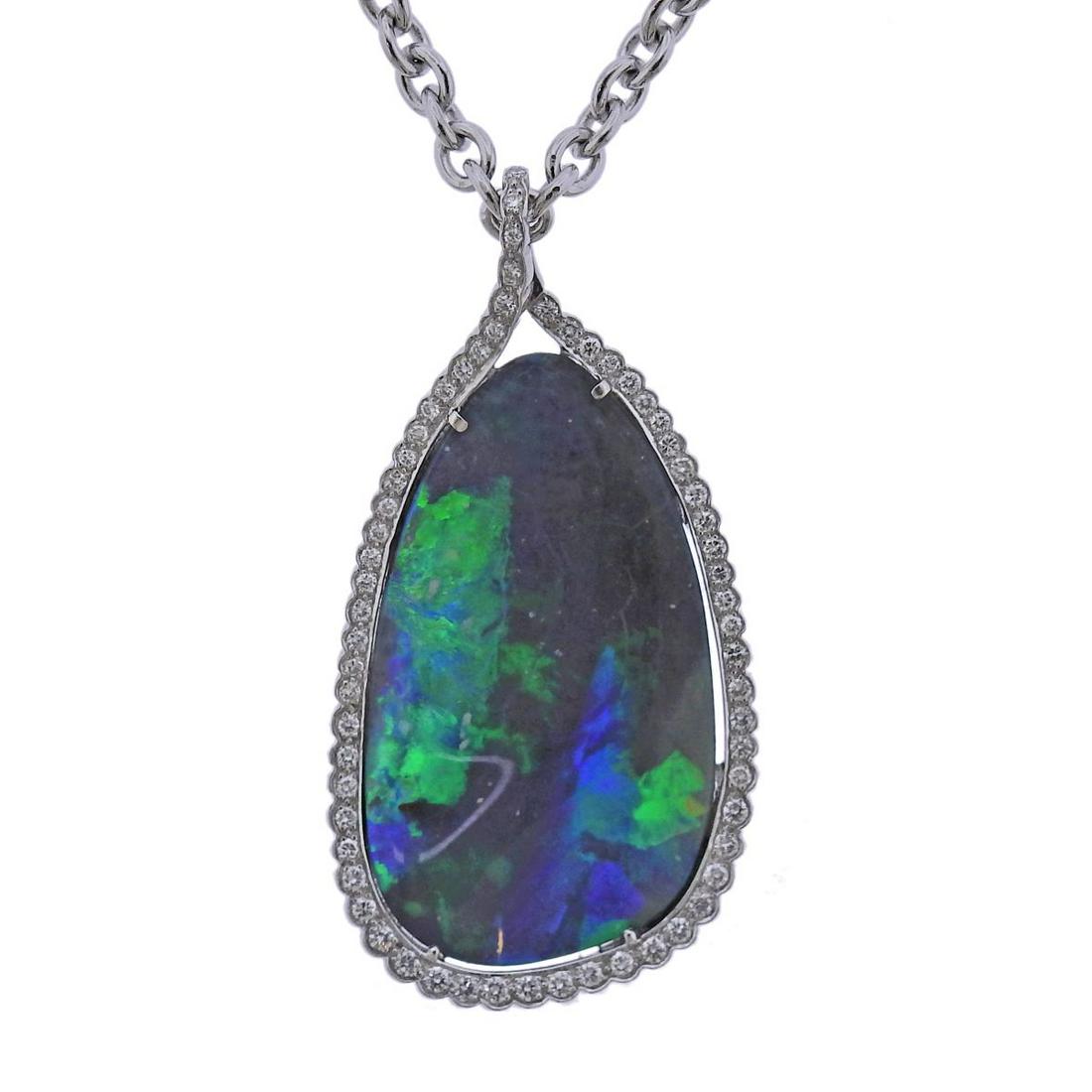 Andrew Grima Black Opal Diamond Platinum Pendant Gold: Platinum large pendant by Andrew Grima, set with center approx. 45mm x 25.5mm x 5.8mm black opal and approx. 1.20ctw in diamonds. Pendant measures 2.5" x 1.25", Chain is not original, 18k gold signed