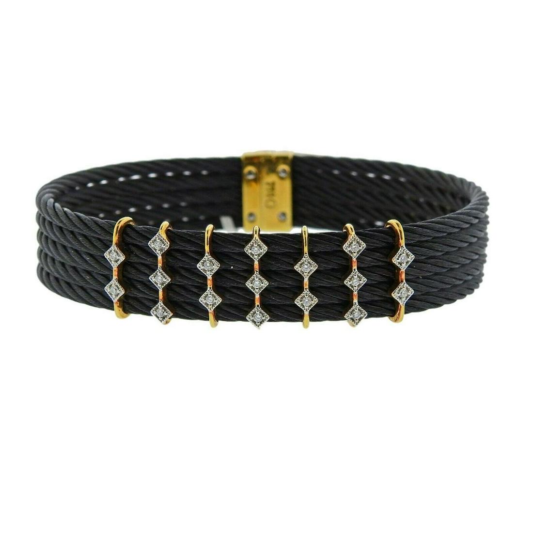 Charriol Gold Diamond Celtic Noir Steel Bracelet: New with tag Charriol Celtic Noir bracelet in 18k gold and black steel cable. With approx. 0.15ctw VS-SI/H diamonds. Bracelet will fit approx. 7" wrist and is 14mm wide. Marked Steel, Au750, Charrio.