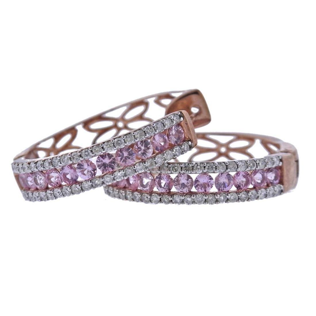 Kallati Pink Sapphire Diamond Gold Hoop Earrings: New pair of 9k rose gold hoops by Kallati, with pink sapphires and approx. 0.75ctw diamonds. Earrings are 23mm in diameter x 5mm wide. Marked Kallati 9k. Weight - 6.5 grams.