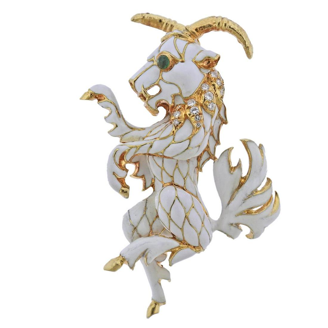 18k Gold Enamel Diamond Emerald Faun Brooch Pin (1 of 3)
