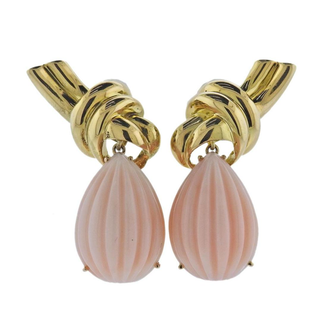 18k Gold Carved Angel Skin Coral Drop Earrings (1 of 4)