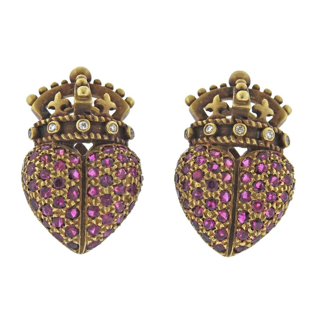 Kieselstein Cord Gold Ruby Diamond Crown Heart Earrings (1 of 3)