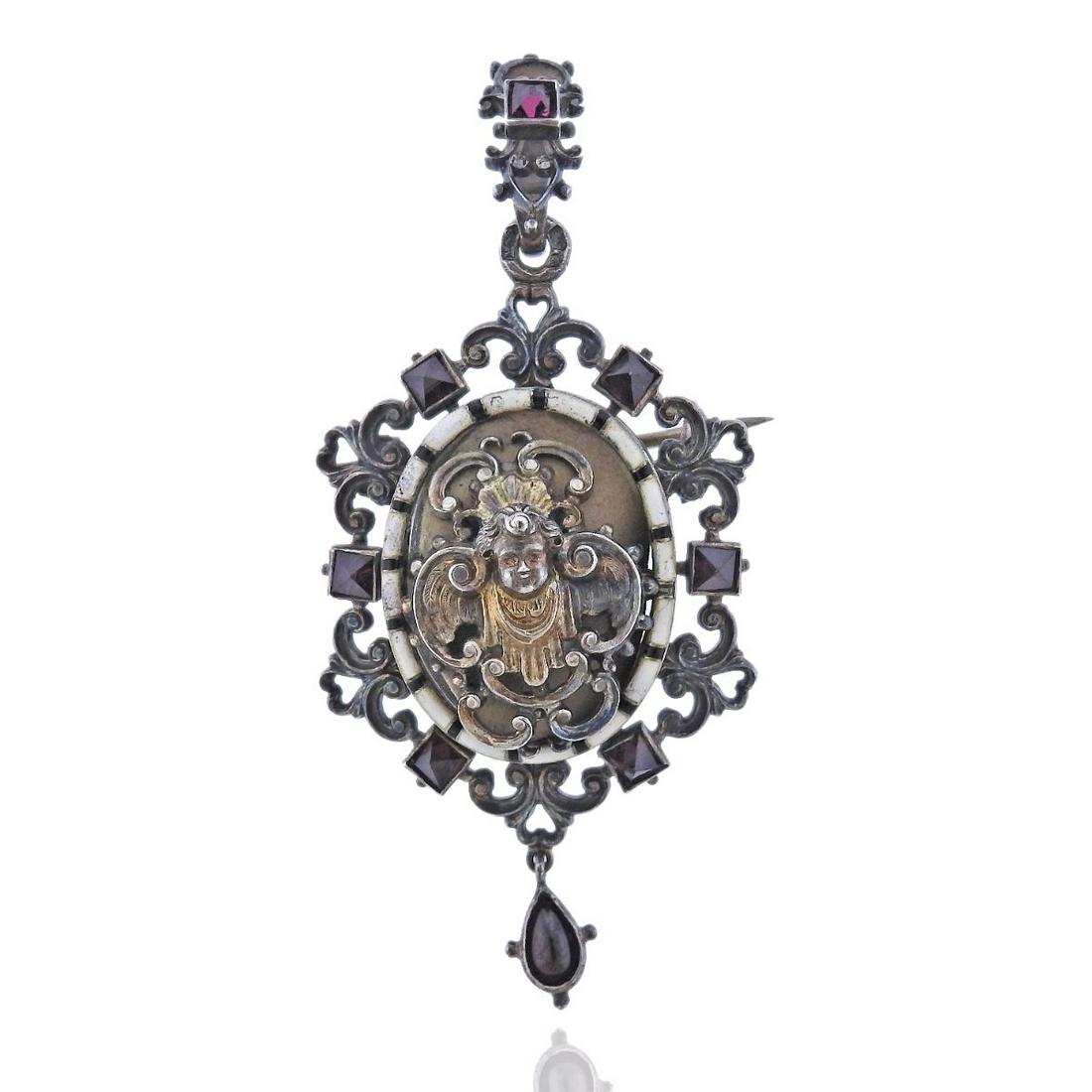Antique Silver Garnet Cherub Locket Pendant Brooch (1 of 3)