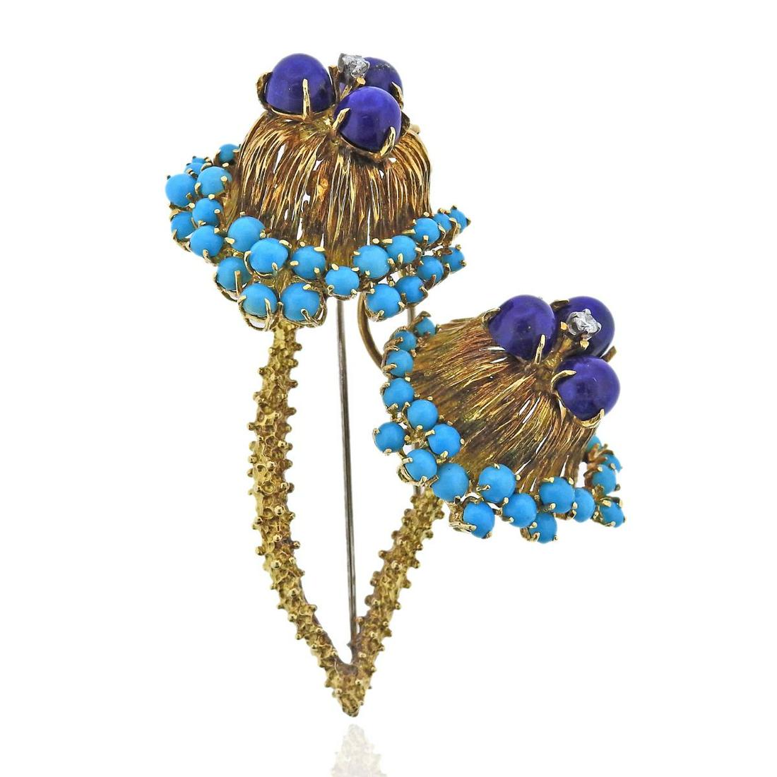 1960s 18k Gold Turquoise Lapis Diamond Large Brooch Pendant (1 of 4)