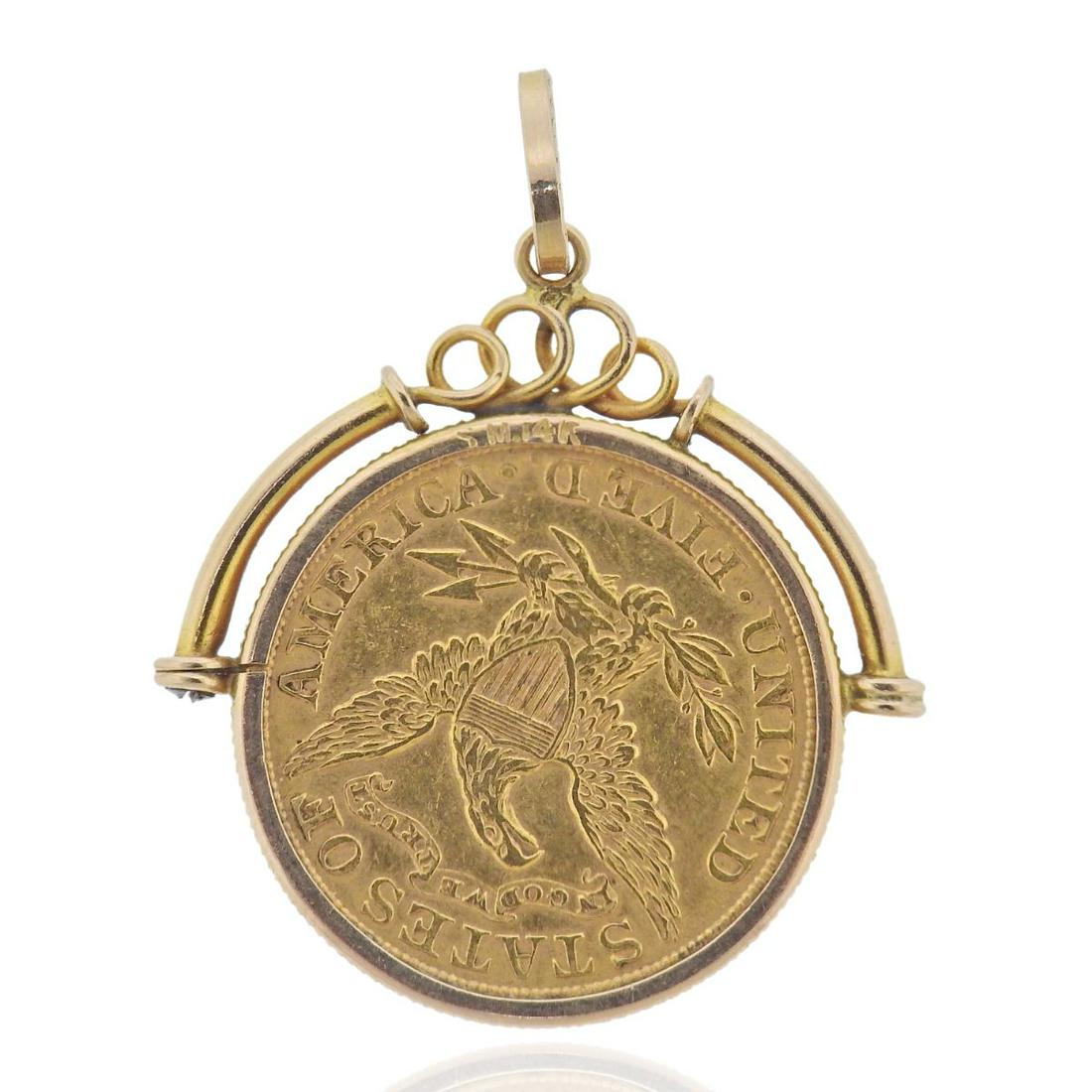 14k Gold 1907 Liberty Head 5 Dollar US Coin Pendant (1 of 3)