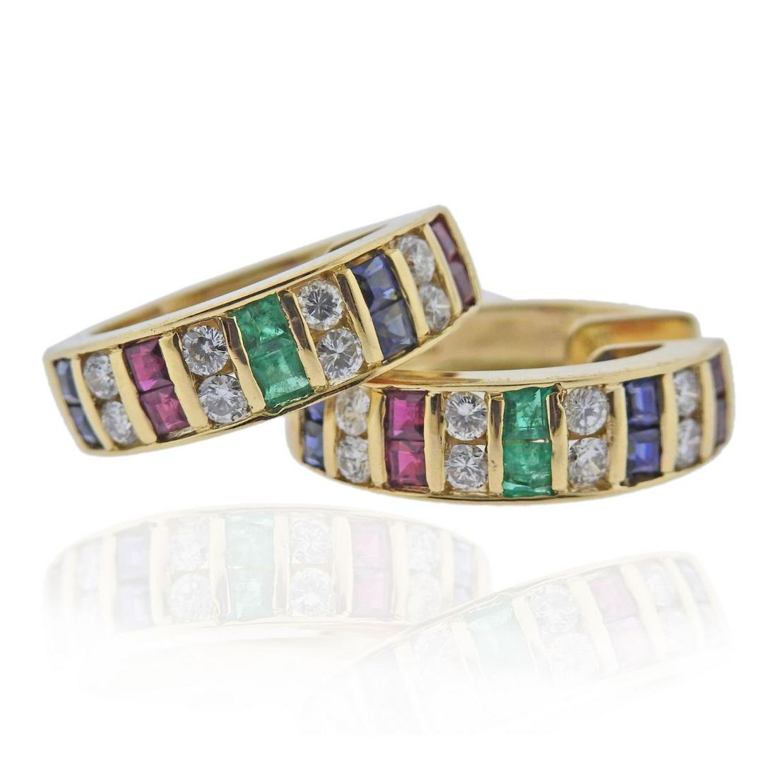 18k Gold Diamond Sapphire Emerald Ruby Hoop Earrings (1 of 3)