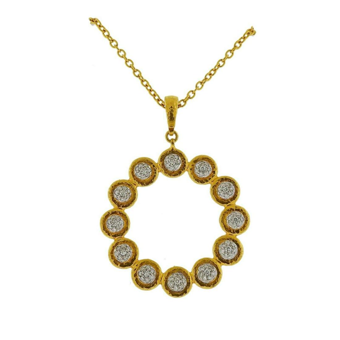 Gurhan Delicate Circle Gold Diamond Pendant Necklace: Metal : 24k and 18k Gold Designer : Gurhan Gemstone : Diamonds approx.0.67ctw Measurements : Necklace is 16-18" long, pendant is 49 x 38mm Marked: : Gurhan, Serial number 0.990 W