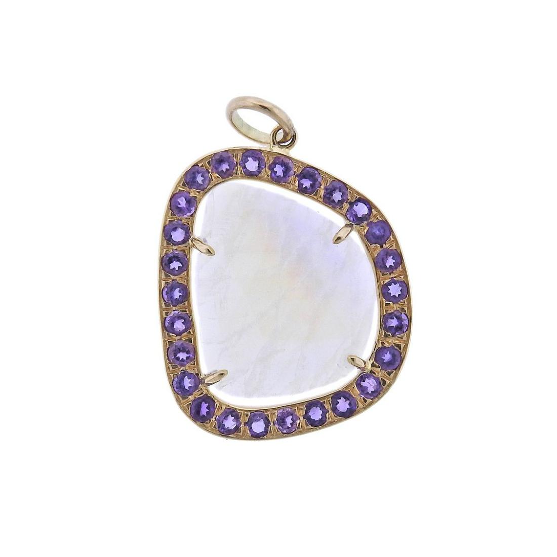 14k Gold Labradorite Amethyst Pendant: Metal : 14k Gold Designer : Not Signed Gemstone : Amethyst, Labradorite Measurements : Pendant is 31mm with bale x 20mm Marked: : tested 14k Weight: 4.2 grams