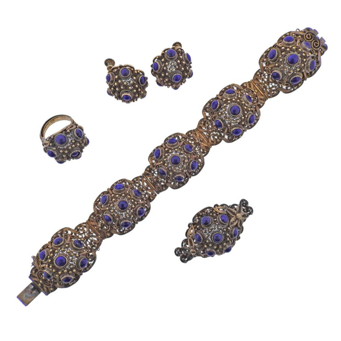 Antique Filigree Sterling Lapis Earrings Brooch Bracelet Ring Set (1 of 4)