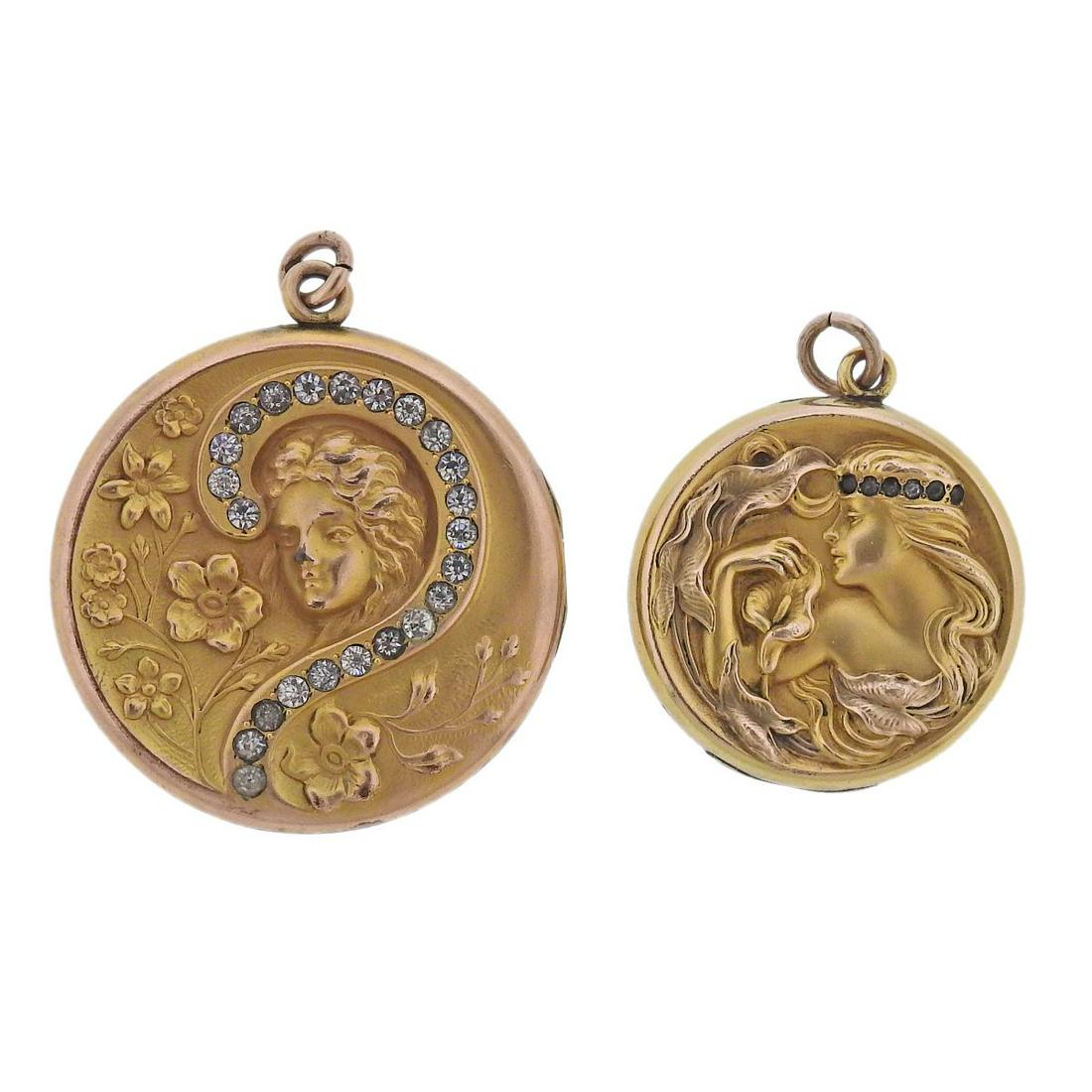 Art Nouveau Gold Filled Paste Nymph Locket Pendant 2pc: Metal : Gold Filled Designer : Not Signed Gemstone : Paste Measurements : Lockets are 30mm and 38mm in diameter Marked: : n/a Weight: 28.7 grams