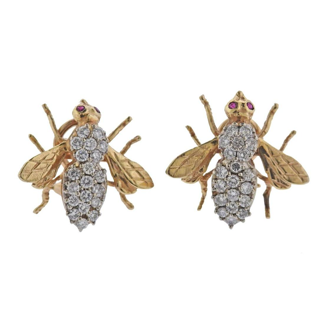 14k Gold Diamond Ruby Bee Insect Earrings (1 of 3)