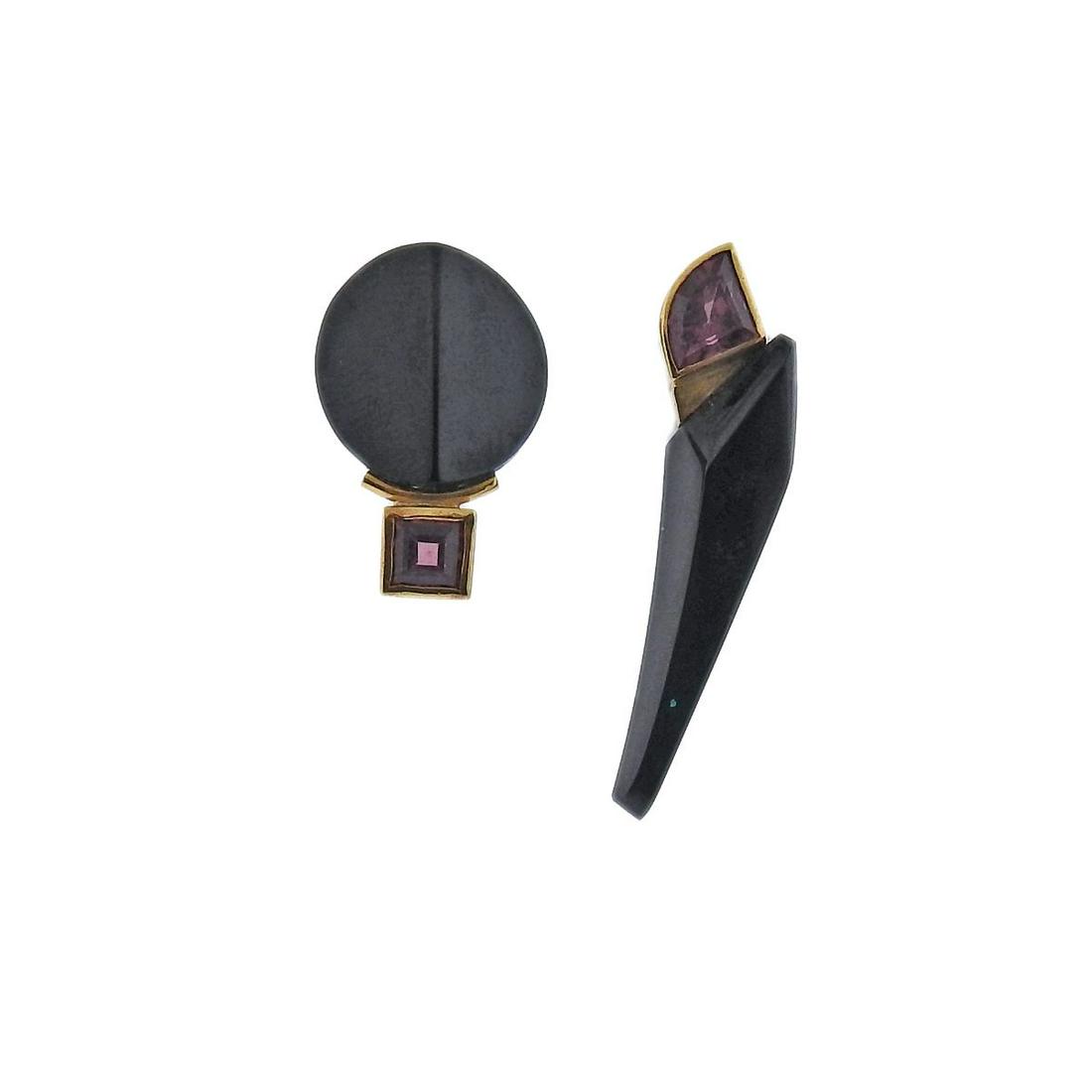 Designed Signed 18k Gold Onyx Tourmaline Earrings: Metal : 18k Gold Designer : Designer Signed Gemstone : Tourmaline, Onyx Measurements : Earrings measure 23mm x 15mm and 38mm x 10mm Marked: : Maker's signature, 18k Weight: 7.8 g
