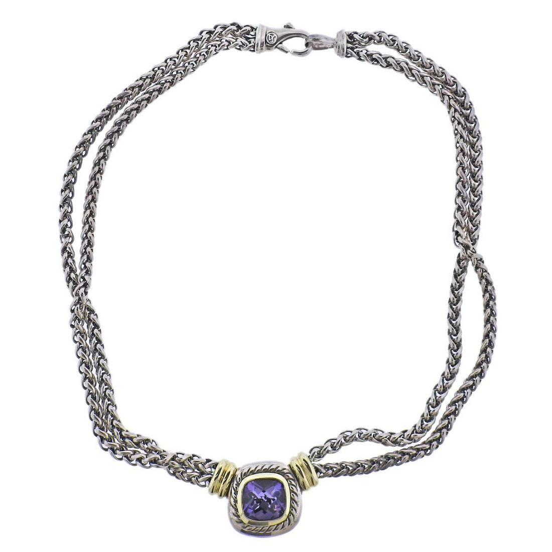 David Yurman Amethyst Silver Gold Necklace: Metal : Sterling silver/ 14k Gold Designer : David Yurman Gemstone : Amethyst 11.5mm x 10.5mm Measurements : Necklace is 16" long, Center pendant - 31mm x 19mm Marked: : D. Y. 925, 585
