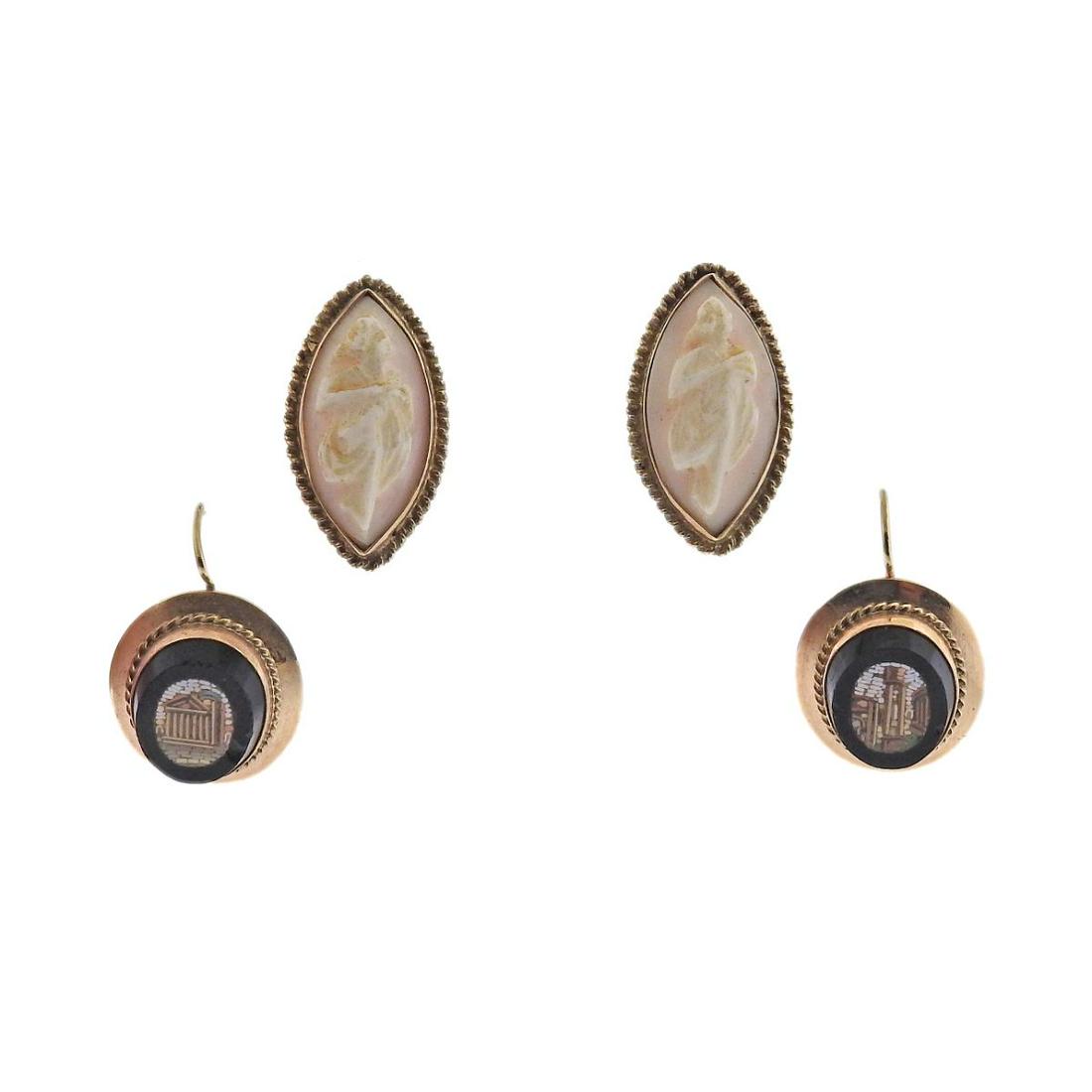 14k Gold Micro Mosaic Coral Cameo Earrings Lot 2pc (1 of 3)