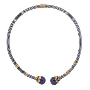 Lalaounis Greece Silver 18k Gold Azurite Collar Necklace: Metal : Sterling Silver/ 18k Gold Designer : Ilias Lalaounis Gemstone : Azurite 14mm Measurements : Necklace will fit approx. 14"-15" neck Marked: : Maker's mark, 925, 750 