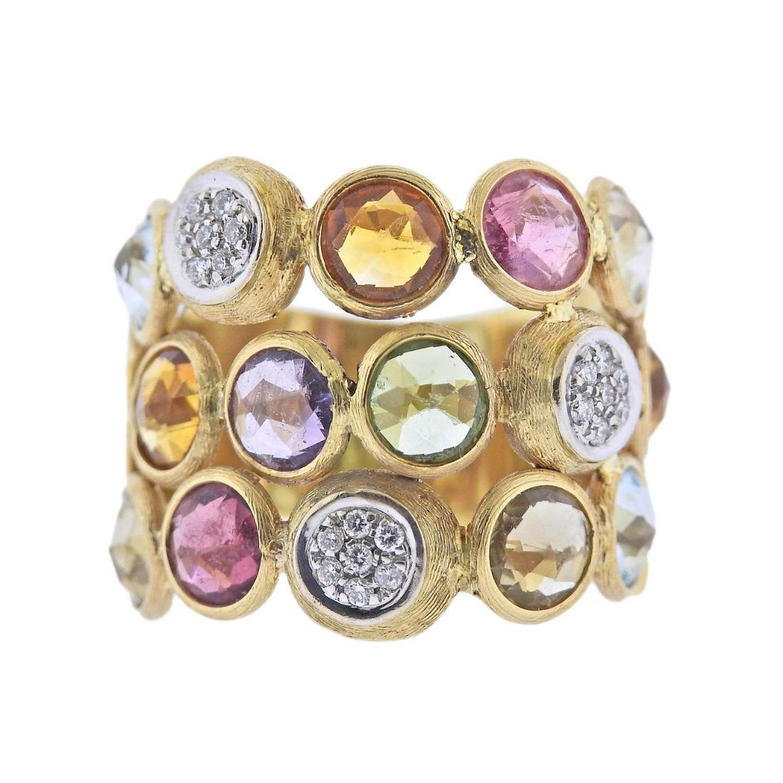 Marco Bicego Jaipur 18k Gold Diamond Gemstone Ring: Metal : 18k Gold Designer : Marco Bicego Gemstone : Diamonds approx. 0.12ctw, Topaz, Tourmaline, Amethyst, Peridot (multiple stones are abraded) Measurements : Ring size 7, top is 20mm wide Ma