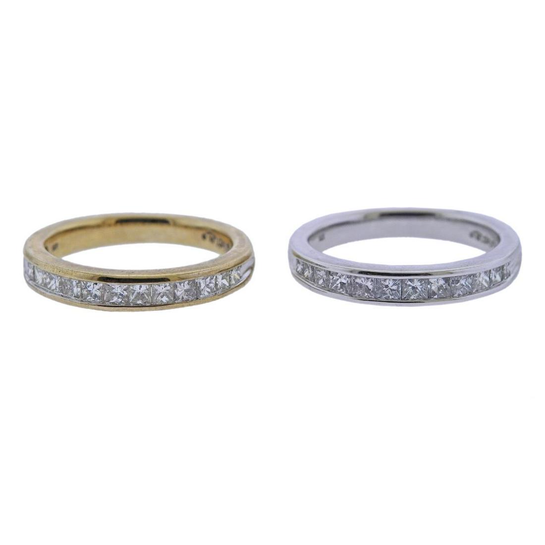 Kallati Gold Diamond Wedding Band Ring Set of 2: Metal : 9k Gold Designer : Kallati Gemstone : Diamonds approx. 1.50ctw Measurements : Ring sizes 7.25 and 7.5, top is 3.6mm wide Marked: : Kalalti 375 Weight: 7 grams