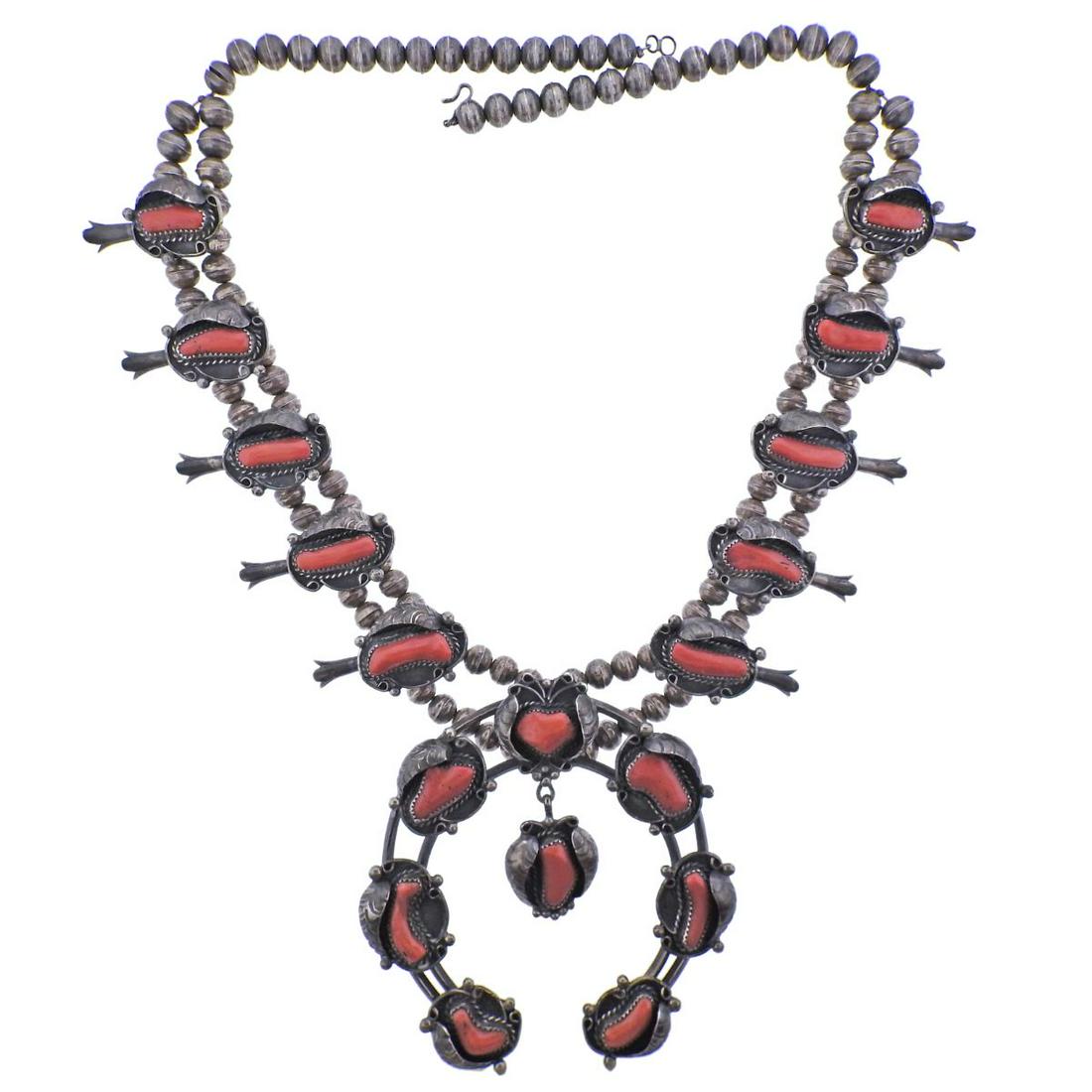 Native American Sterling Coral Squash Blossom Necklace (1 of 3)