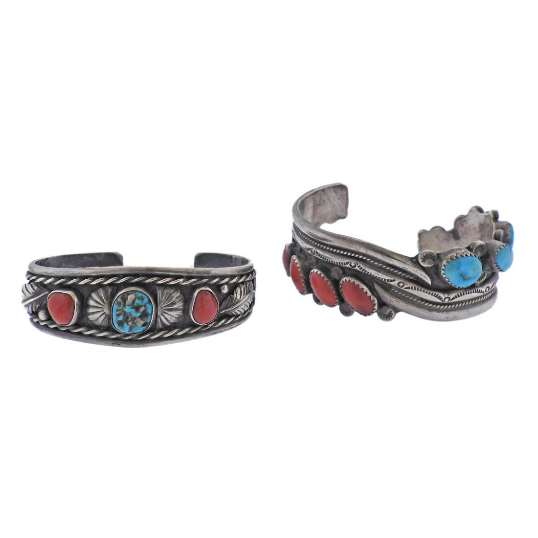 Native American Sterling Coral Turquoise Bracelet Lot of 2 (1 of 3)