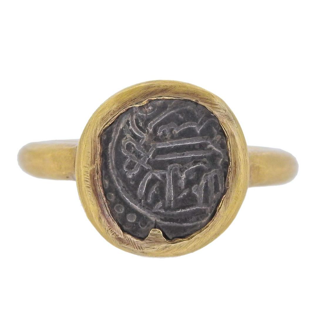 18k Gold Coin Ring: Metal : 18k Gold Designer : Not Signed Gemstone : None Measurements : Ring size 6.5, top is 14 x 13.5mm Marked: : 18k Weight: 9.1