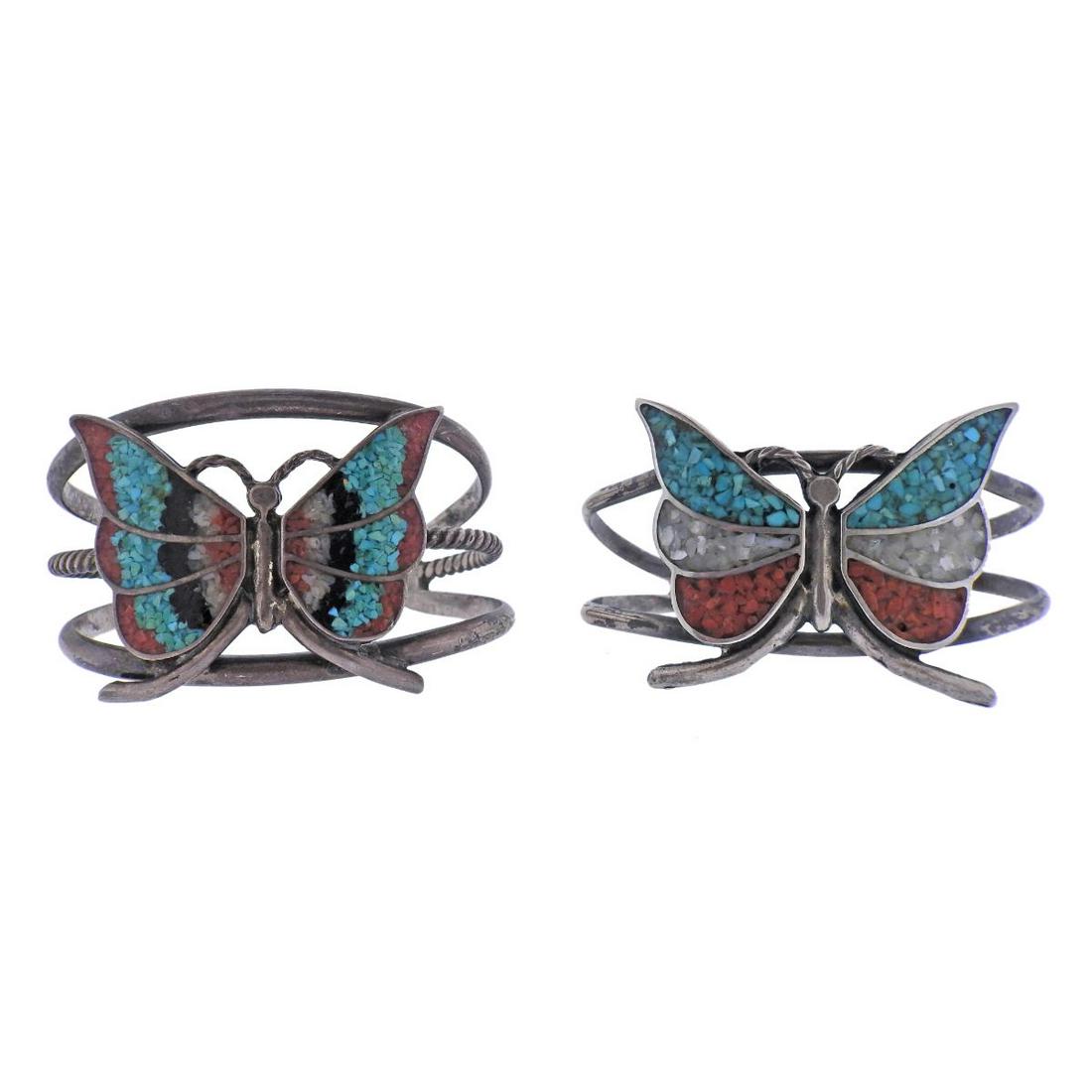 Native American Sterling Coral Turquoise Butterfly Bracelet Lot 2pc (1 of 3)