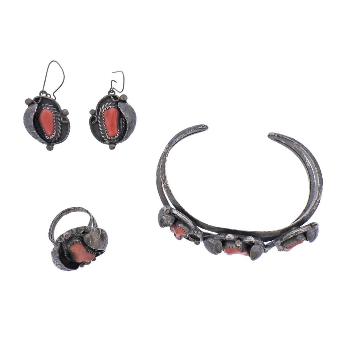 Native American Sterling Coral Earrings Bracelet Ring Set (1 of 4)